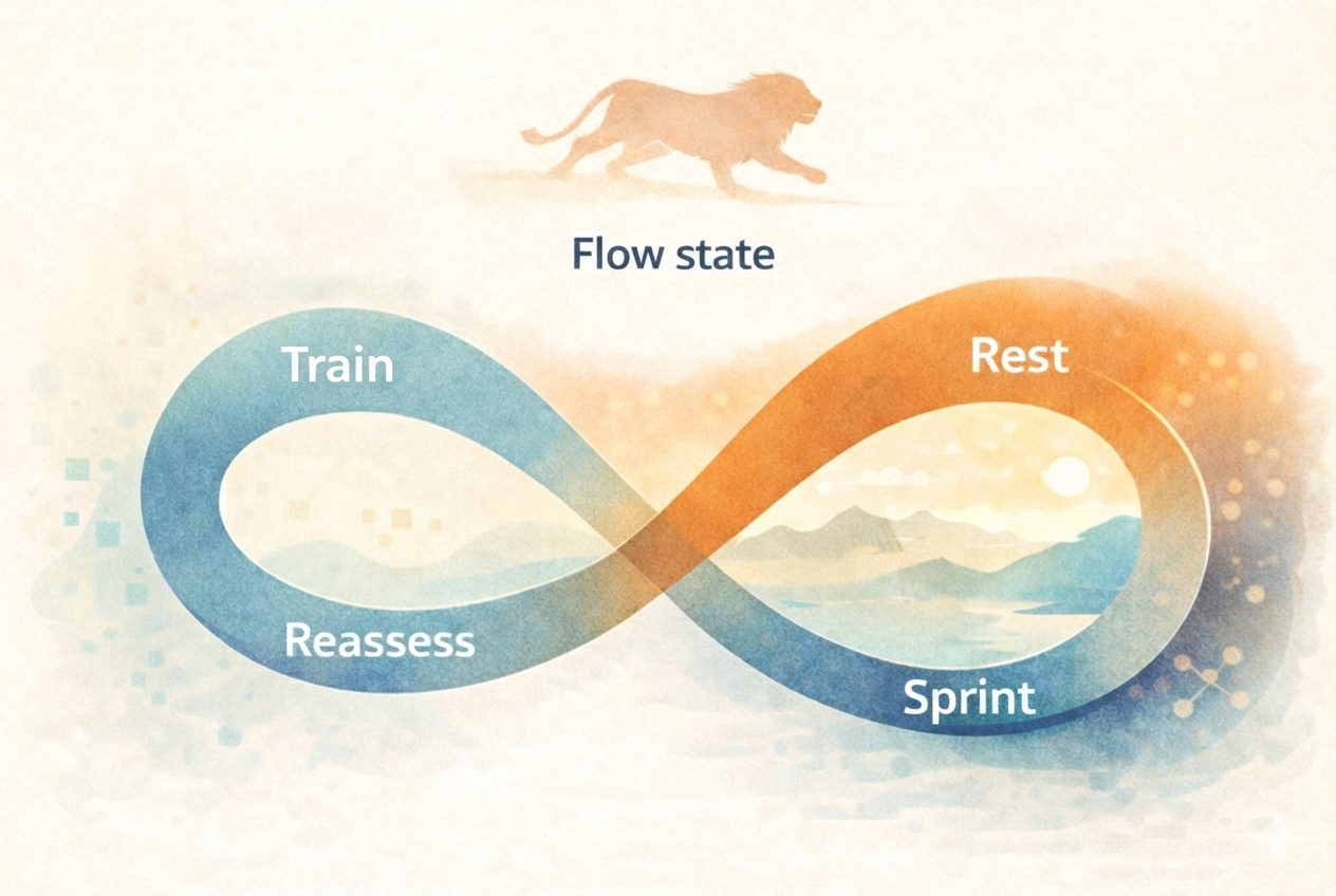 Flow state cycle: Train, Sprint, Rest, Reassess